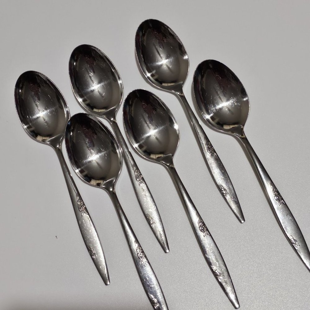 6 Oneida Ltd Rose Duet Oval Soup Spoons 7.25" stainless flatware USA vintage